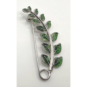 Vintage Green Enamel Leaf Safety Pin‎ Brooch 2.5" Silver Tone Unsigned